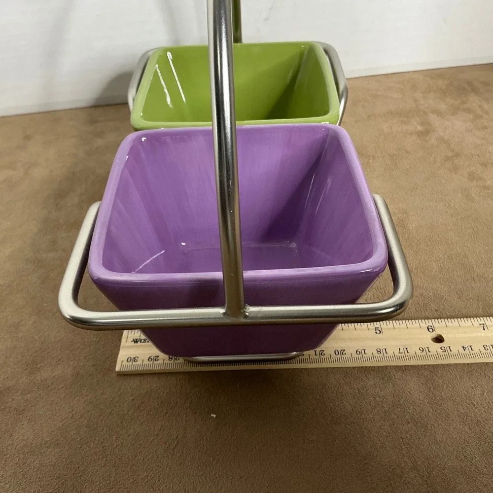 Purple and Green Ceramic Double Condiment‎ Server with Silver Metal Carry Handle